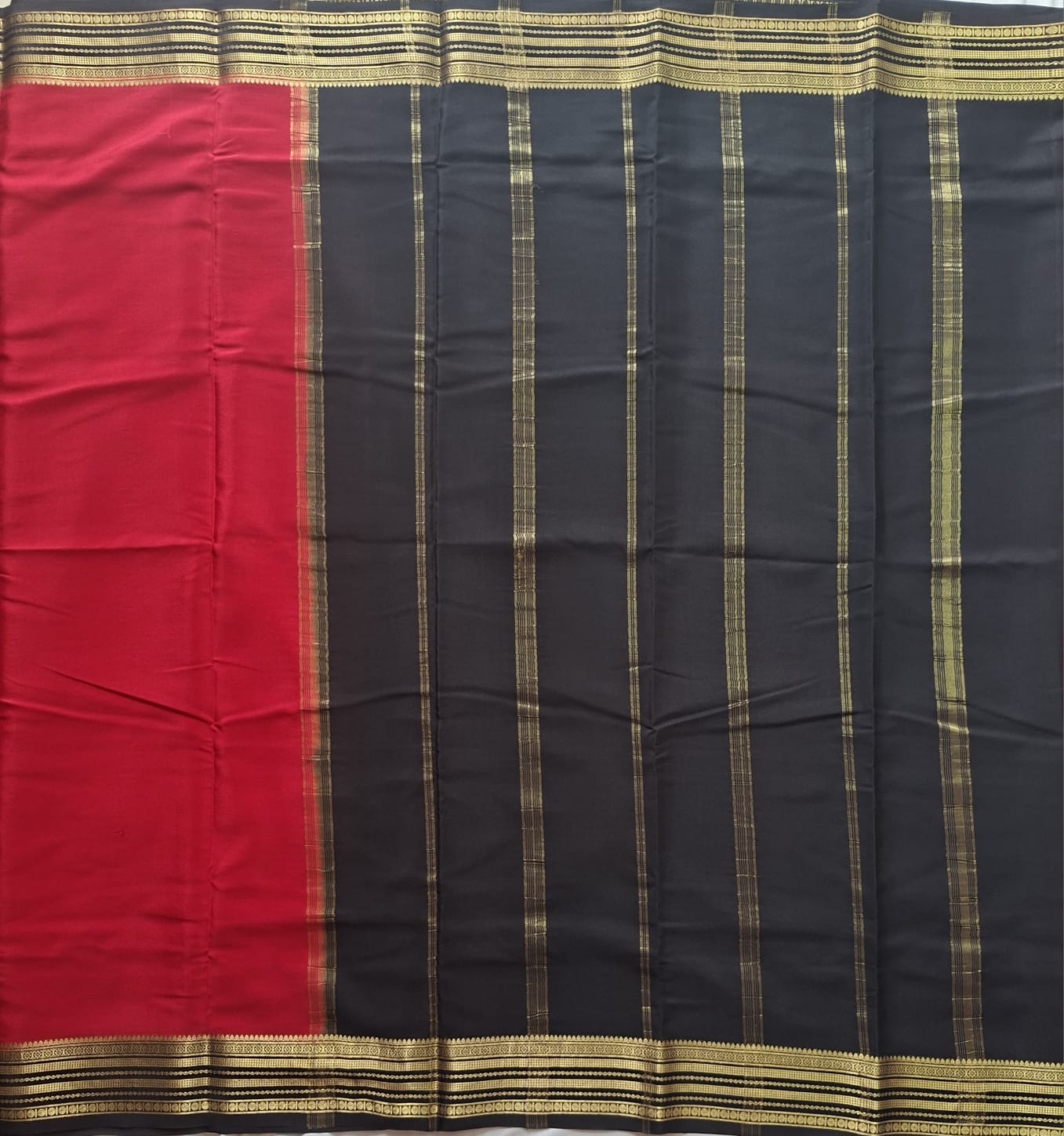 Red Black Mysore Crepe Silk with black line border