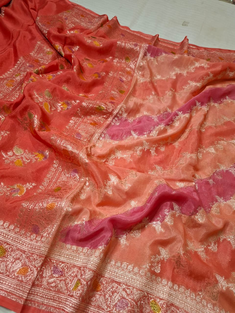Peach Coral Banarasi Silk Saree with Silver Floral Vine Zari Weaves