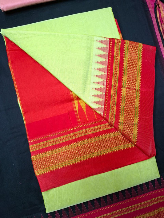 Pastel Pistachio Green Mini Gadwal Ilkal Saree with Vermilion Red Chikki Paras Border