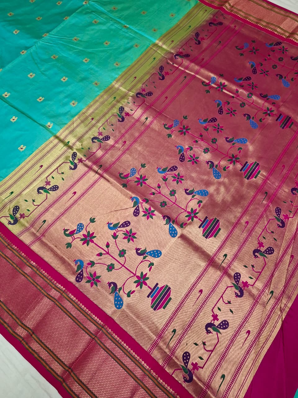 Aqua Blue Paithani Silk with Peacock Motifs