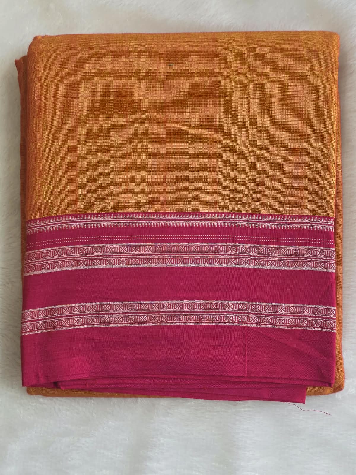 Mustard and pink Ilkal viscose handloom saree with silk pallu and Gayatri border