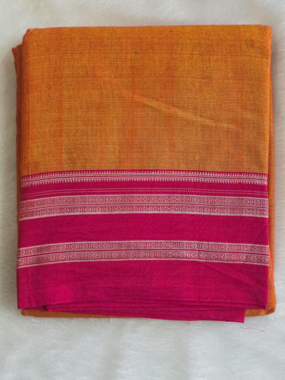 Mustard and pink Ilkal viscose handloom saree with silk pallu and Gayatri border