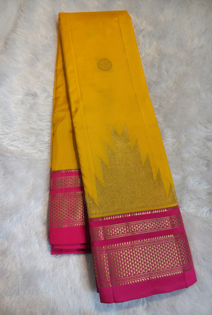 Yellow Gadwal Ilkal Silk with Two-Colour Zari Temple Tower Border