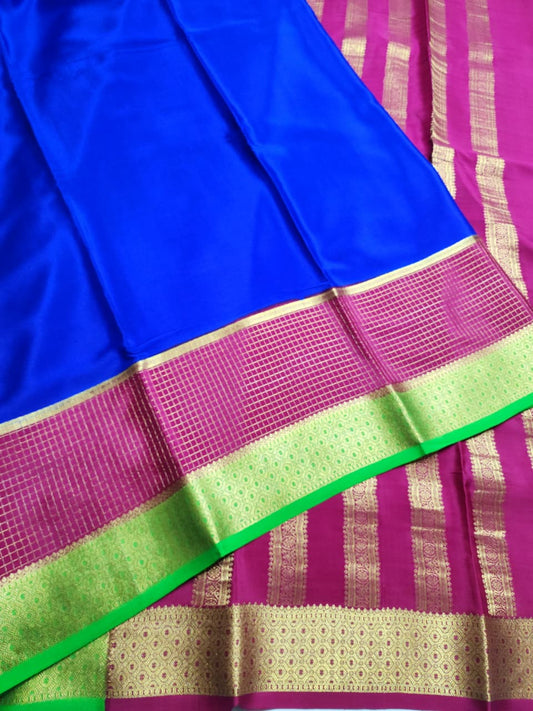 Cobalt Blue with Red-Green Contrast Mysore Silk Saree