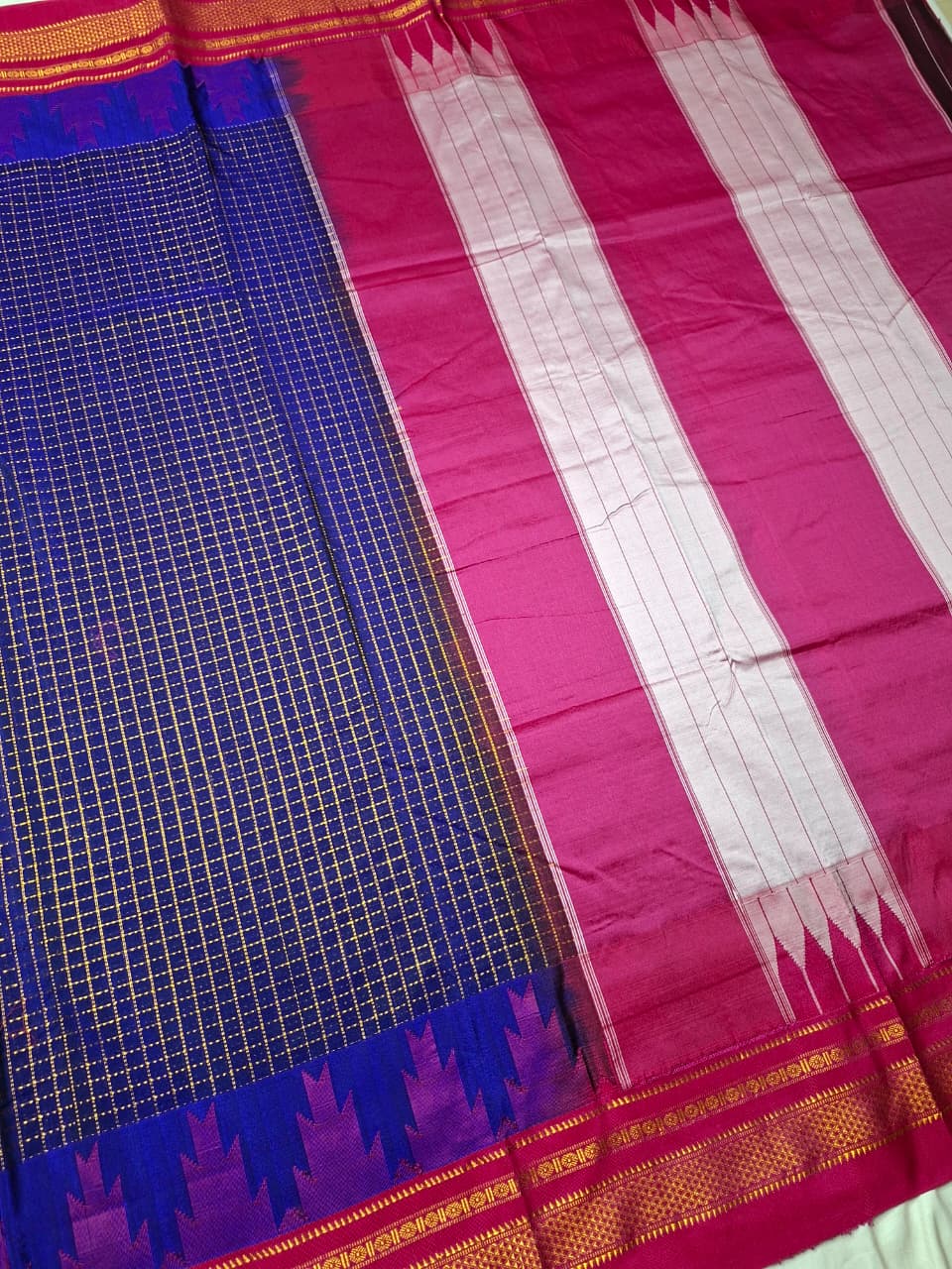 Royal Blue Gadwal Chaduranga Ilkal Cotton Saree with Contrast Zari Border & Pallu