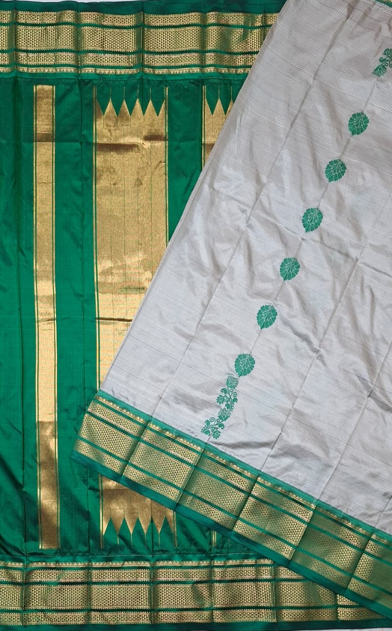 Off-white & green Ilkal Silk saree with floral weavings