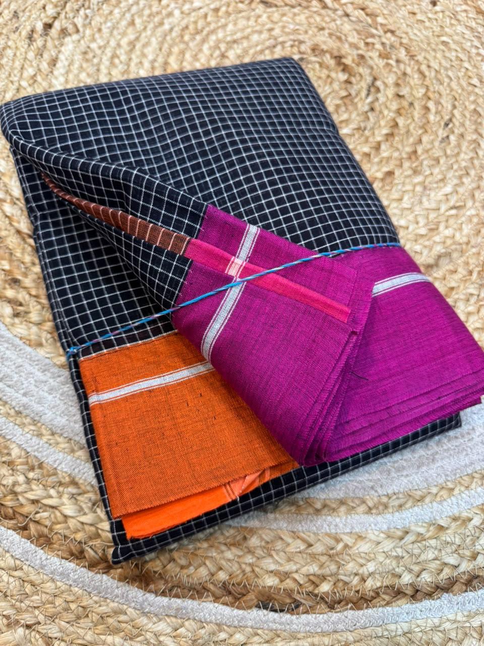 Black - pink orange Ilkal handloom Patteda Anchu Saree