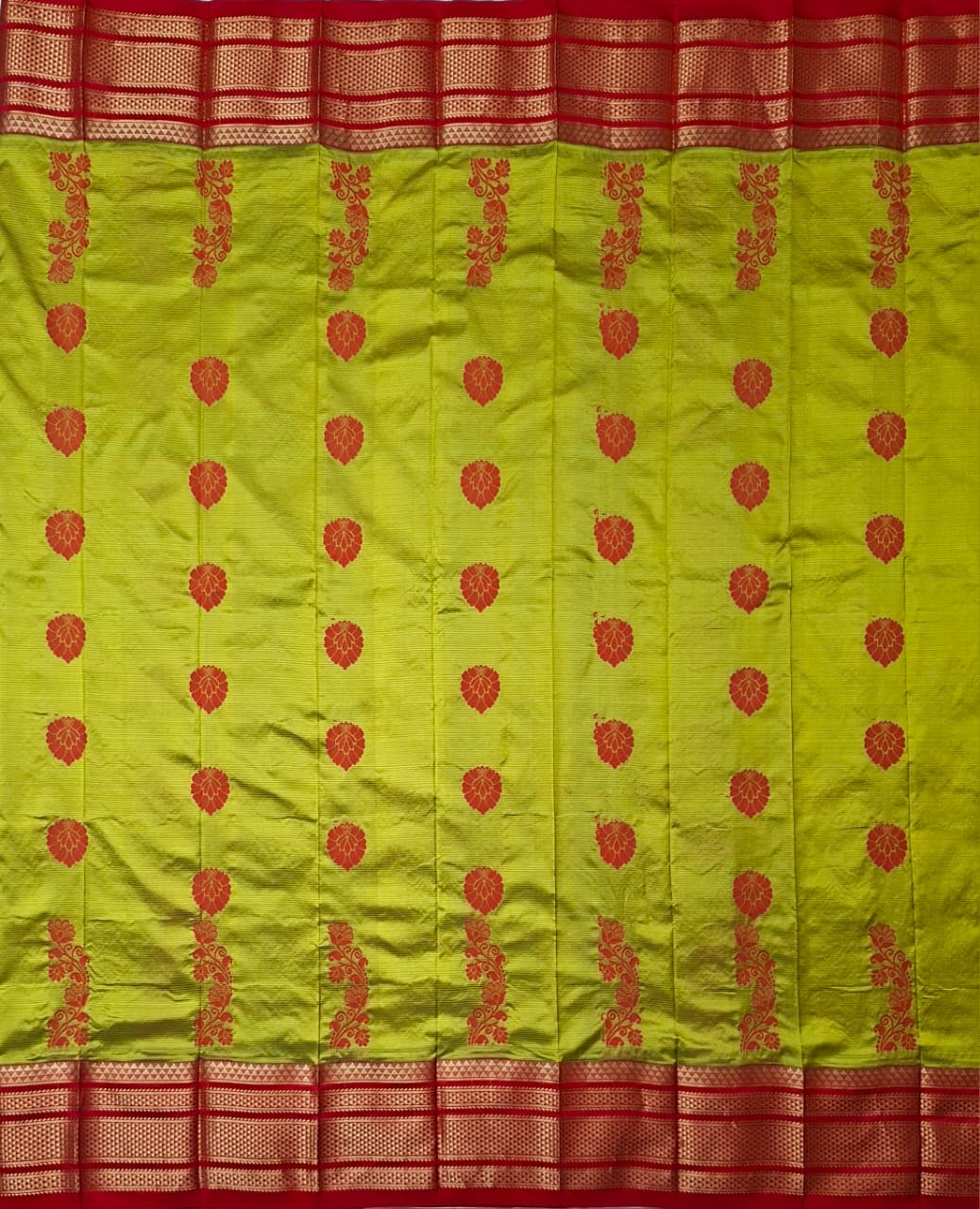 parrot green  & red Ilkal saree with floral weavings