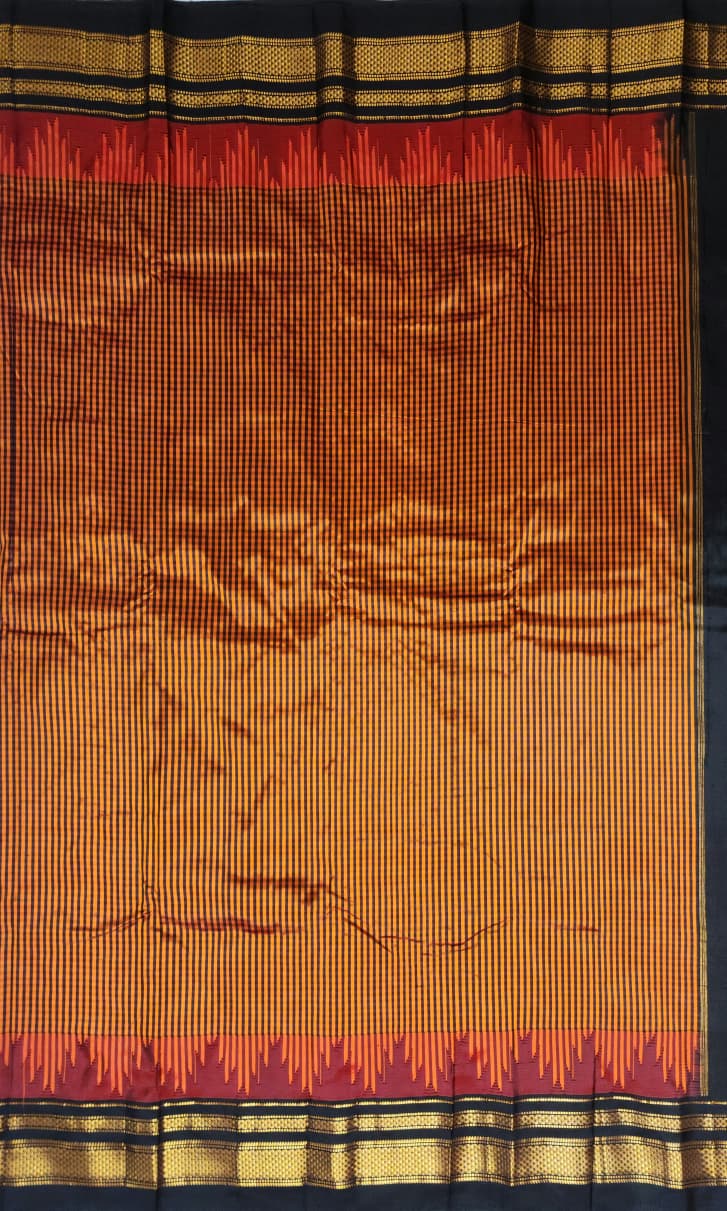Rust Orange & Black Gadwal Ilkal Pure Silk Satrangi temple Checks
