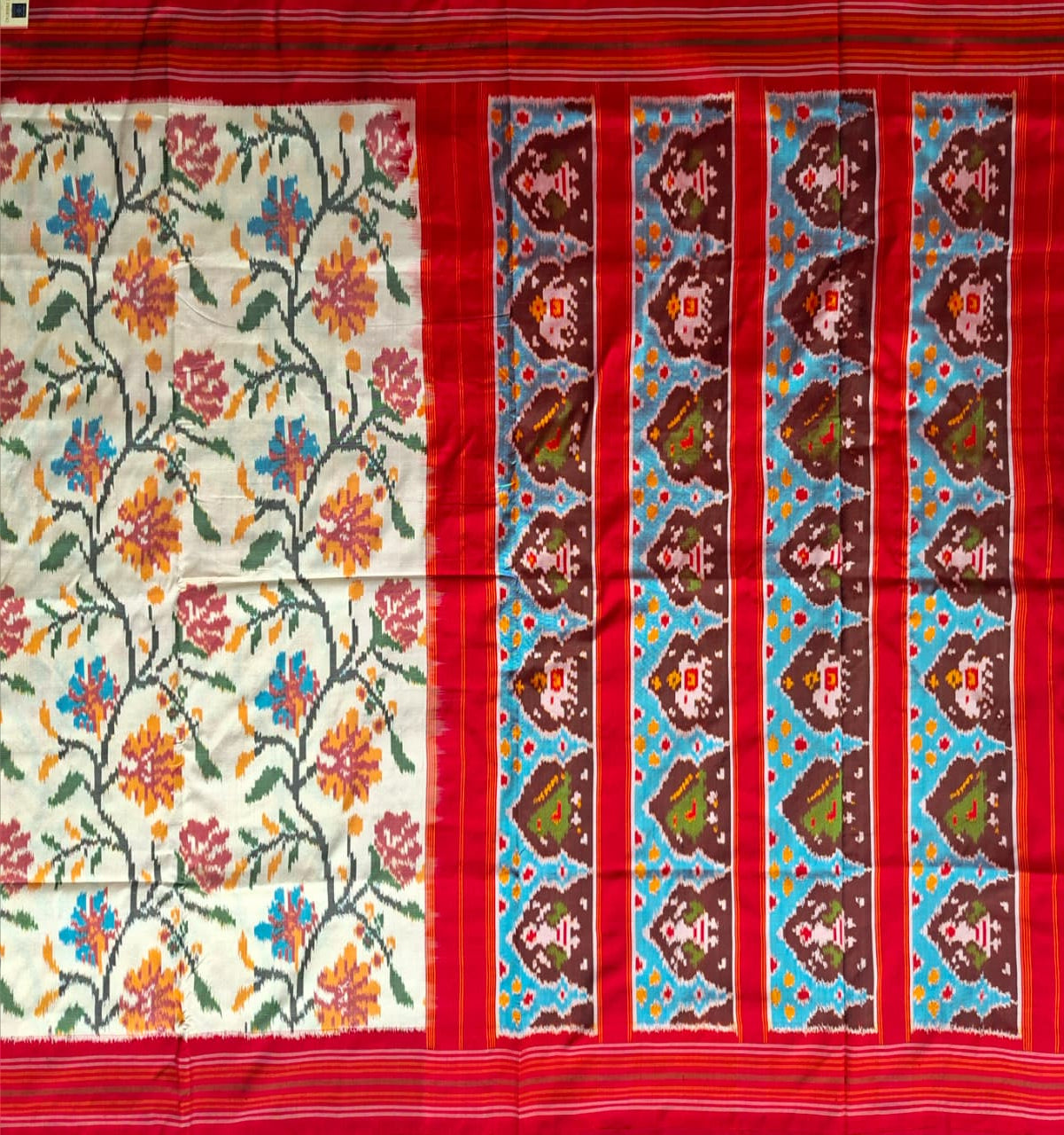 Offwhite- Red Handloom Pochampally pure silk -Floral design