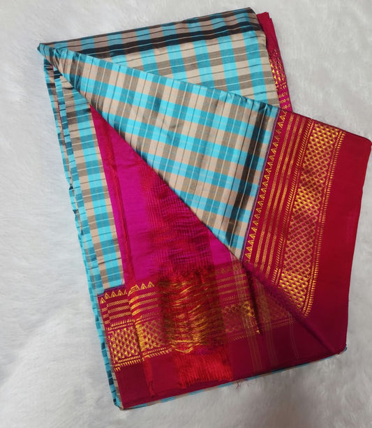 Blue-Red Checks Ilkal Saree