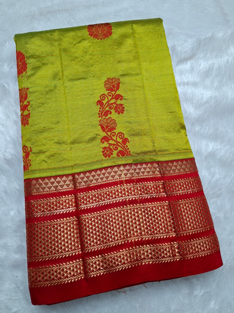 parrot green  & red Ilkal saree with floral weavings