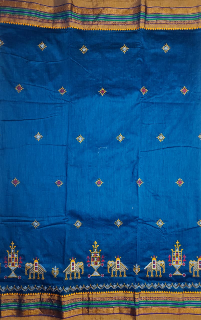 Deep Blue Ilkal Kasuti Saree with Temple Chariot & Elephant Motifs