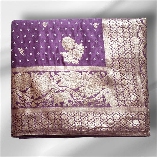 Royal Purple Bandhani-Style Zari Work Saree with Elephant Motif Border