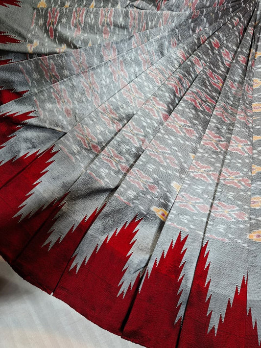 Ash handloom pure silk fusion Ilkal- Ikkat with Maroon Kanchi border
