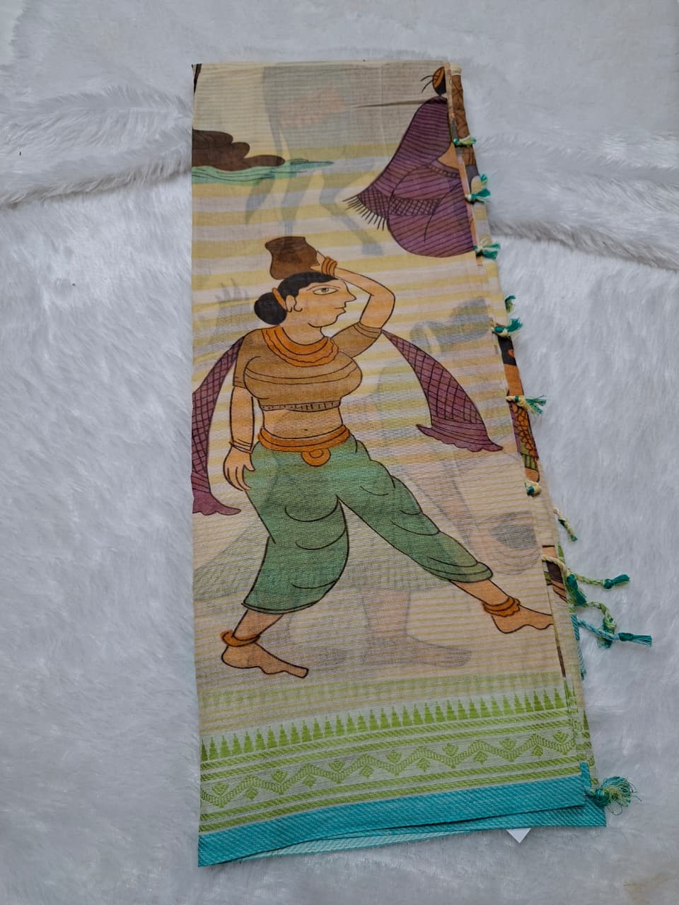 Kalamkari Beige Base-green border Khadi Cotton with Digital Print