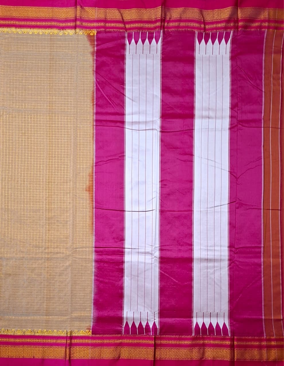 Warm Beige Mini Checks Ilkal Meera Saree with Rani Pink Zari Border