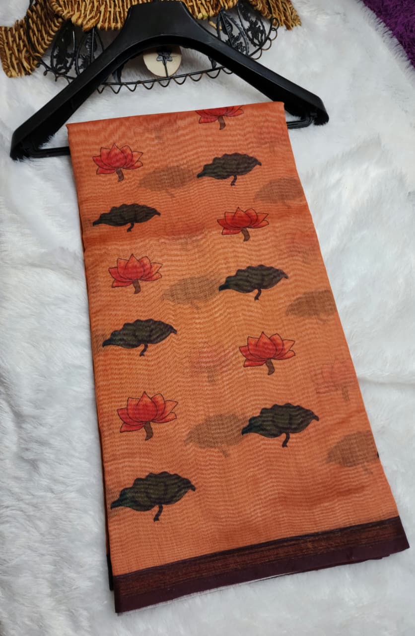 Peach brown Cotton Lotus Print