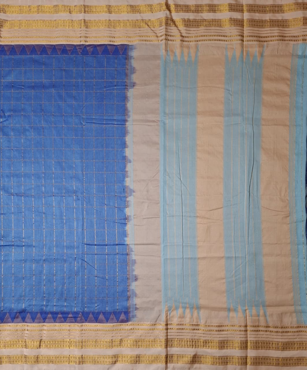 Dusty Blue Big Checks Ilkal Saree with Beige Big Border