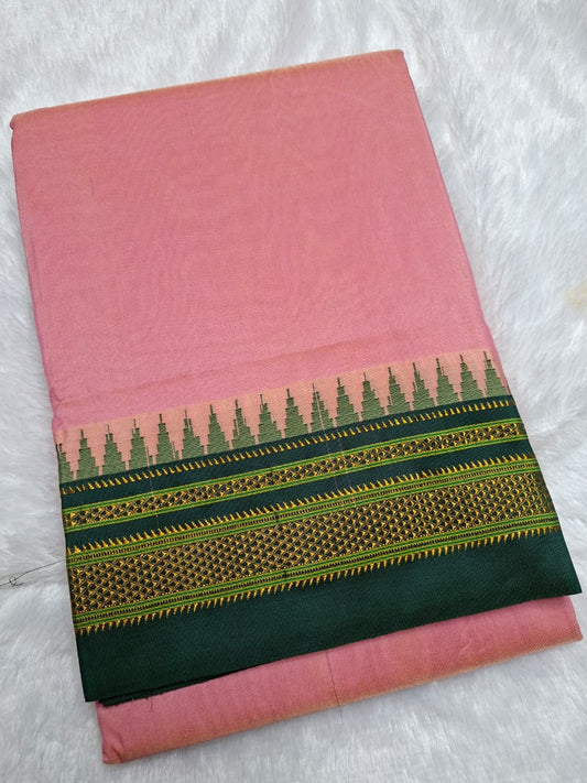 Soft Pink Mini Gadwal Ilkal Saree with Bottle Green Chikki Paras Border