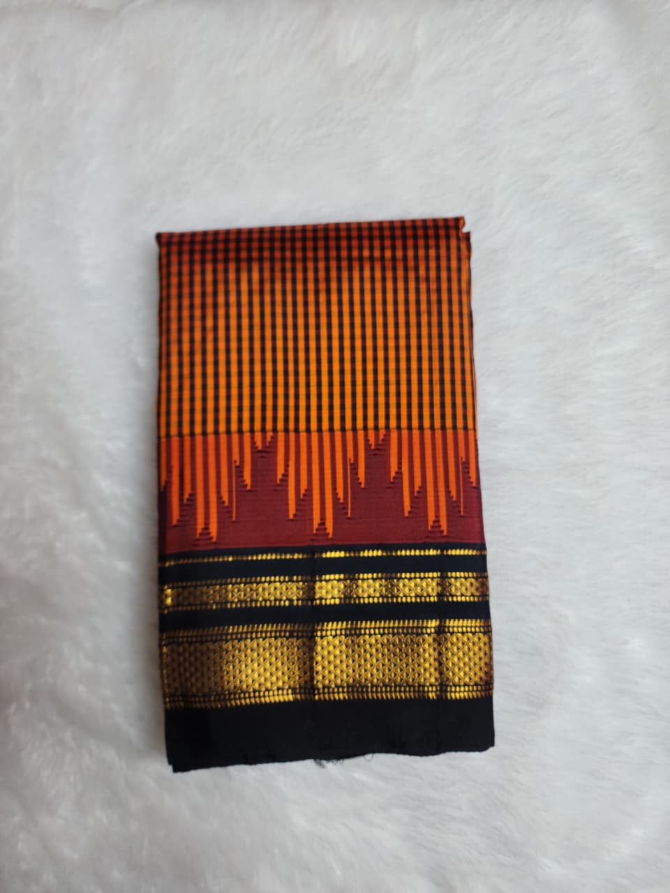 Rust Orange & Black Gadwal Ilkal Pure Silk Satrangi temple Checks
