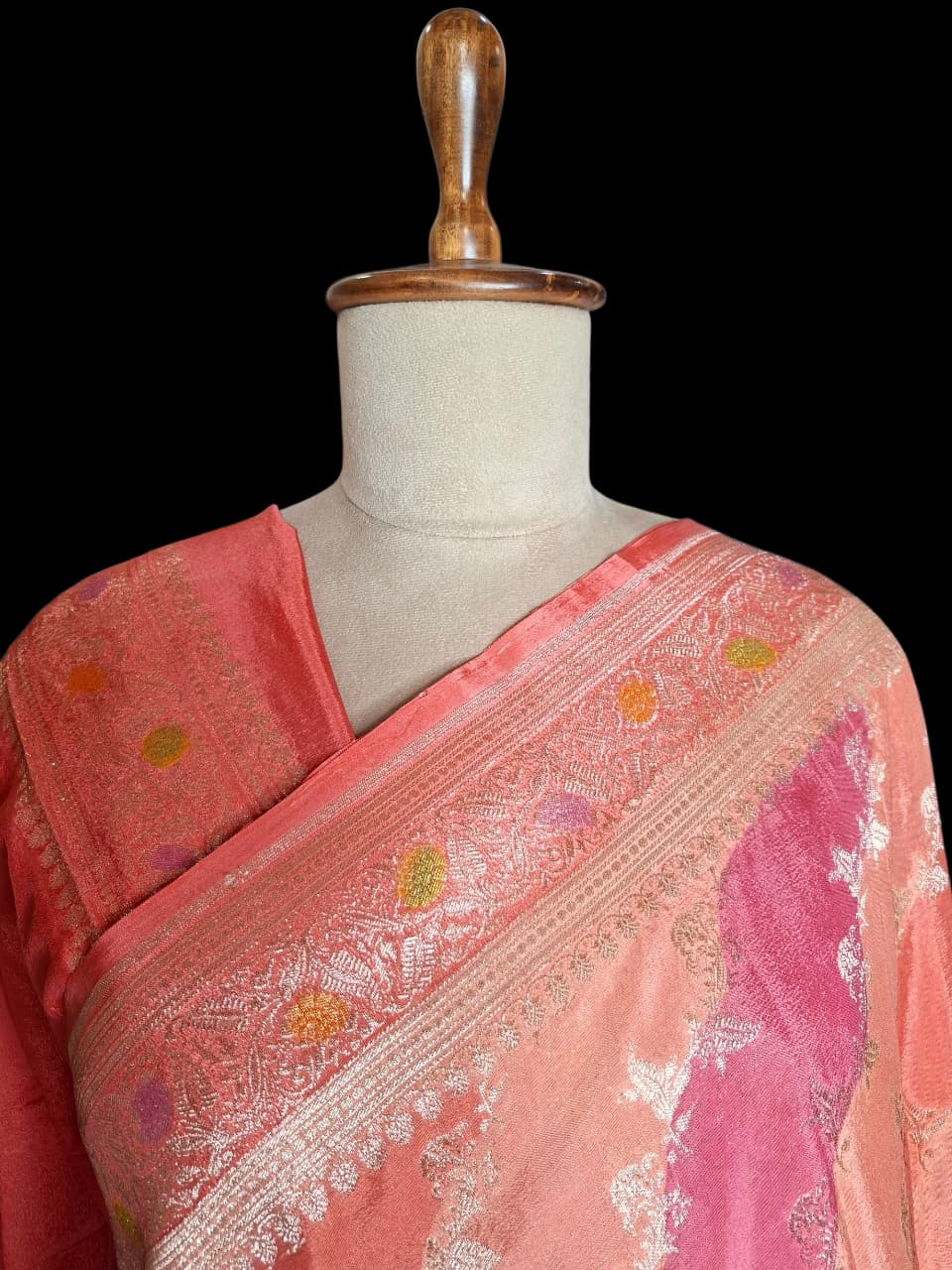 Peach Coral Banarasi Silk Saree with Silver Floral Vine Zari Weaves