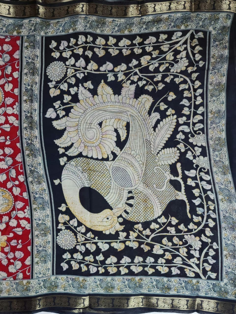 Vibrant Red & Ivory Kalamkari Cotton Saree with Black Zari Border