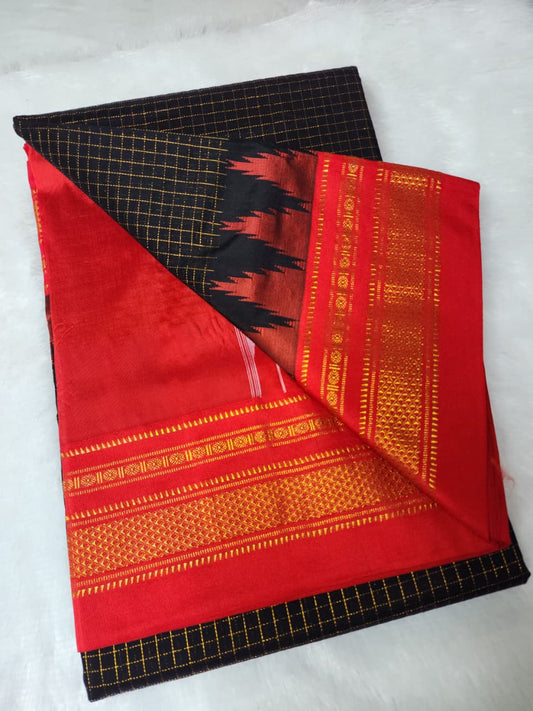 Vermilion Red and bold jet black Jari Chadarang Ilkal Saree