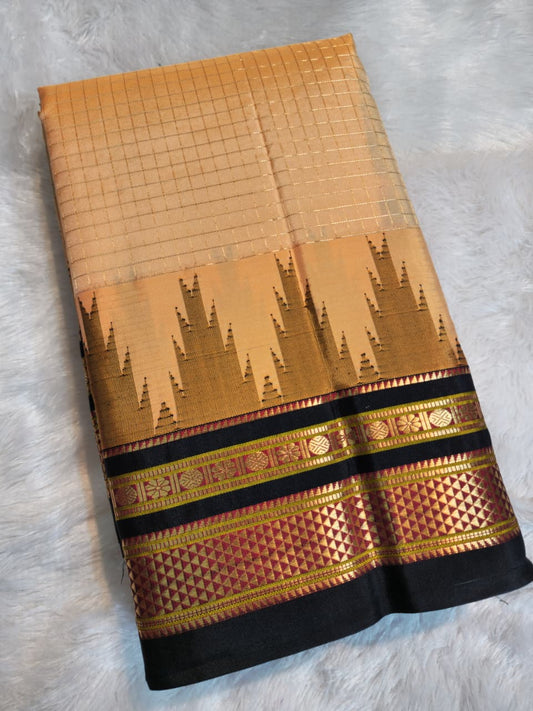 Gold Beige- Black Ilkal Gadwal Pure Silk Saree - Malabar Edition