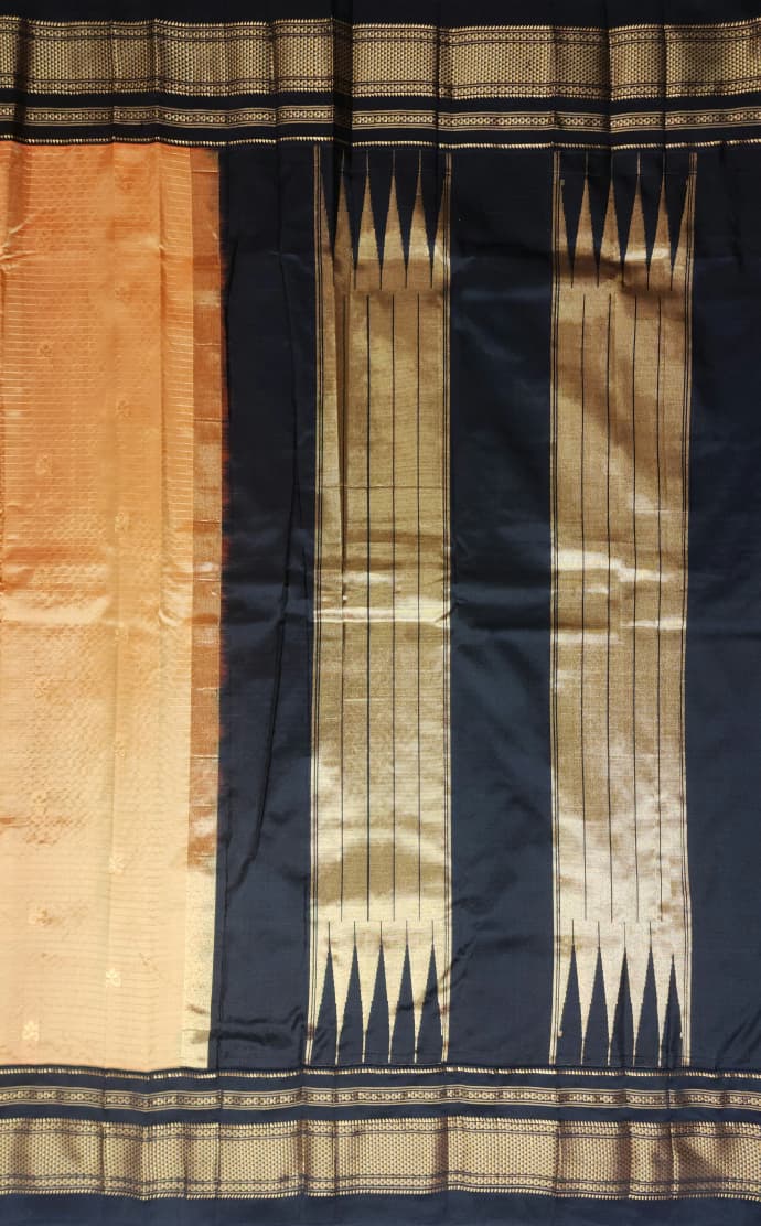Paster Peach Black Ilkal Silk Saree – small necklace lines butta