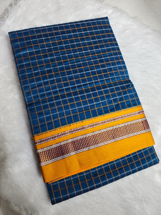 Deep Indigo Blue Double Checks Ilkal Cotton Saree with Mustard Zari Border