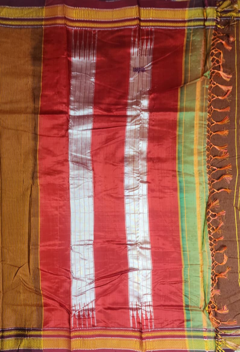 Small Checks Maroon–Mustard Ilkal Cotton Saree