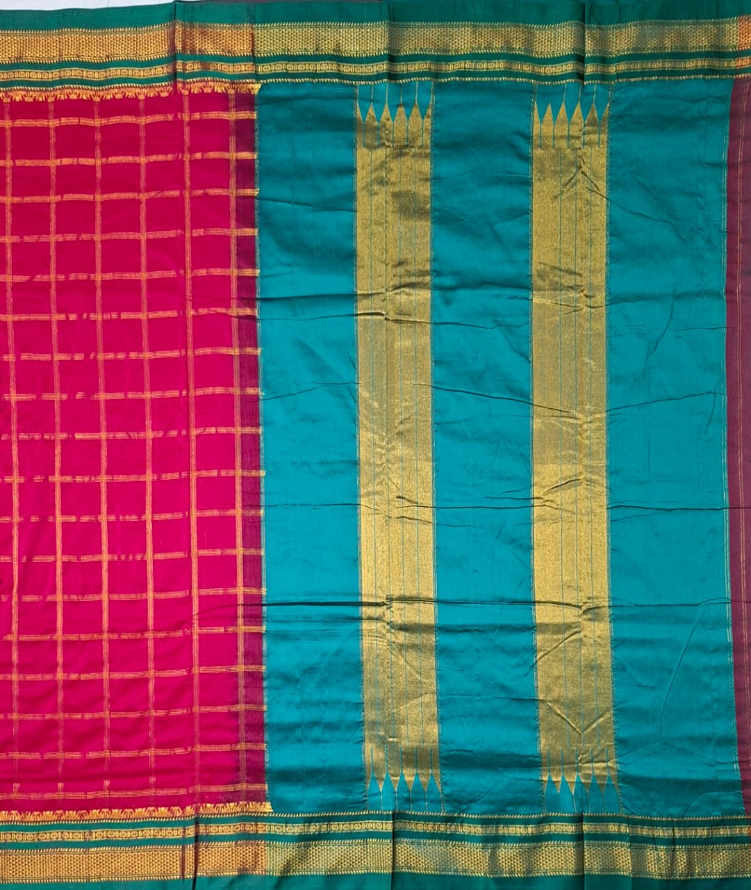 Rani Pink with Bottle Green  Big Jari Checks Ilkal Saree