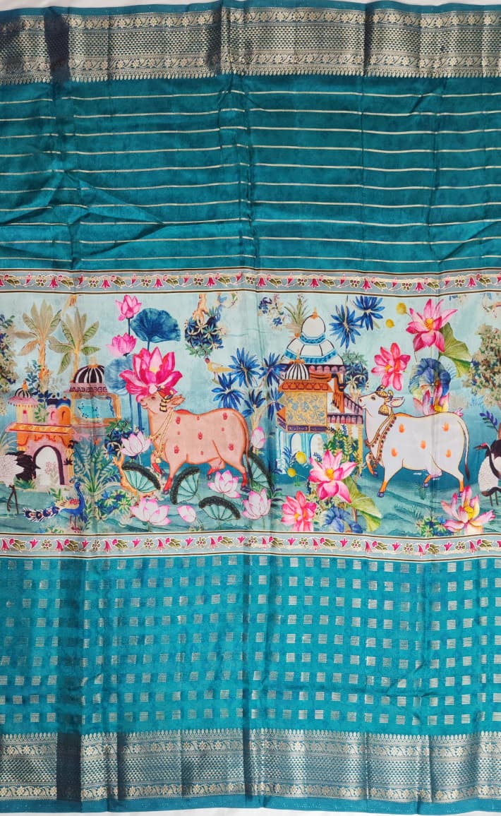 Blue Semi Mysore Silk 3D Print Kalamkari Saree