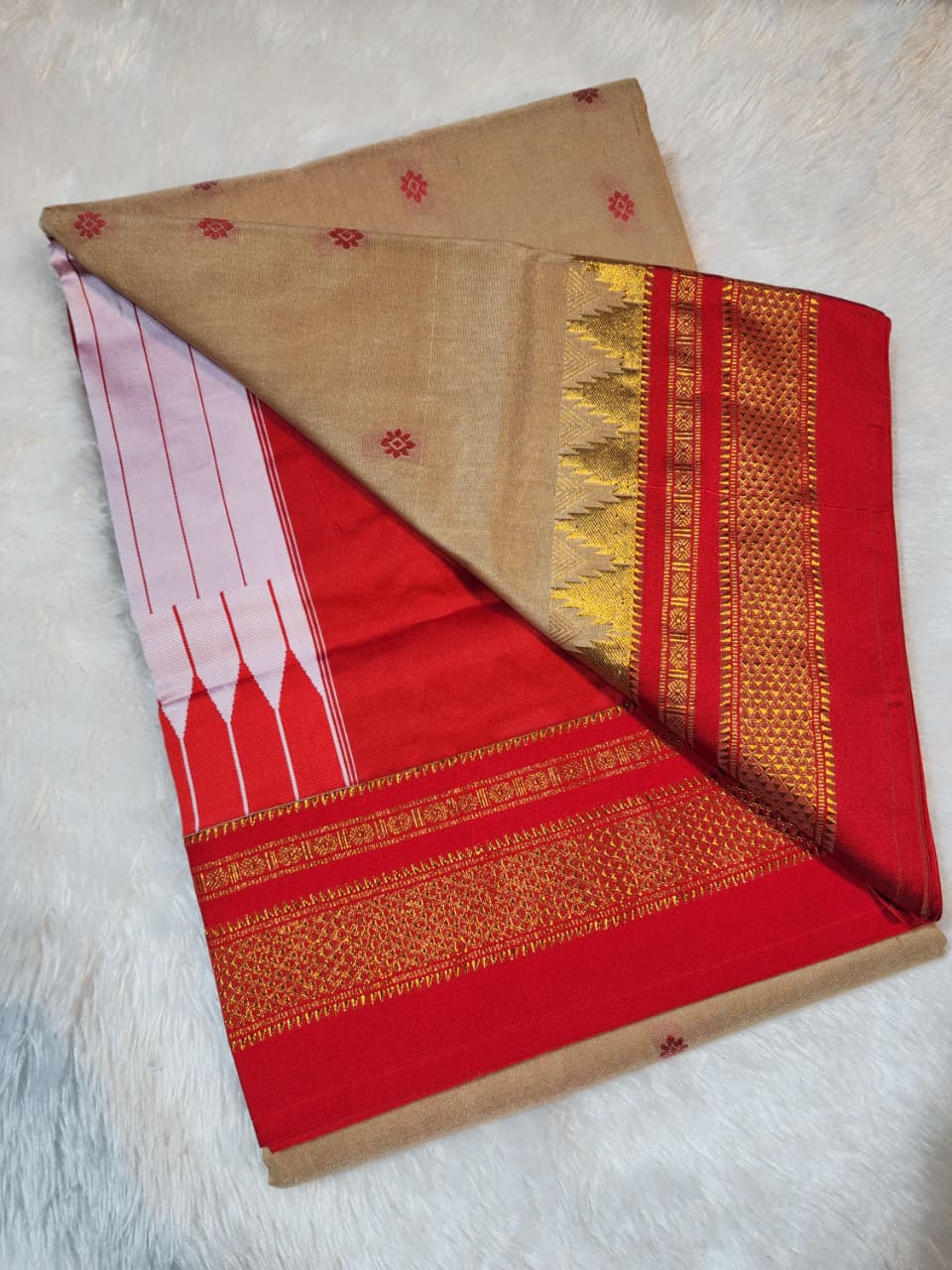 Beige Ilkal Tana Anjali Butta Cotton Saree with Temple Zari Border