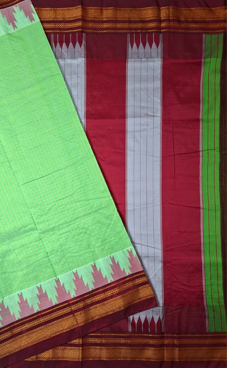 Fresh Green Gadwal Chaduranga Ilkal Cotton Saree with Contrast Zari Border & Pallu