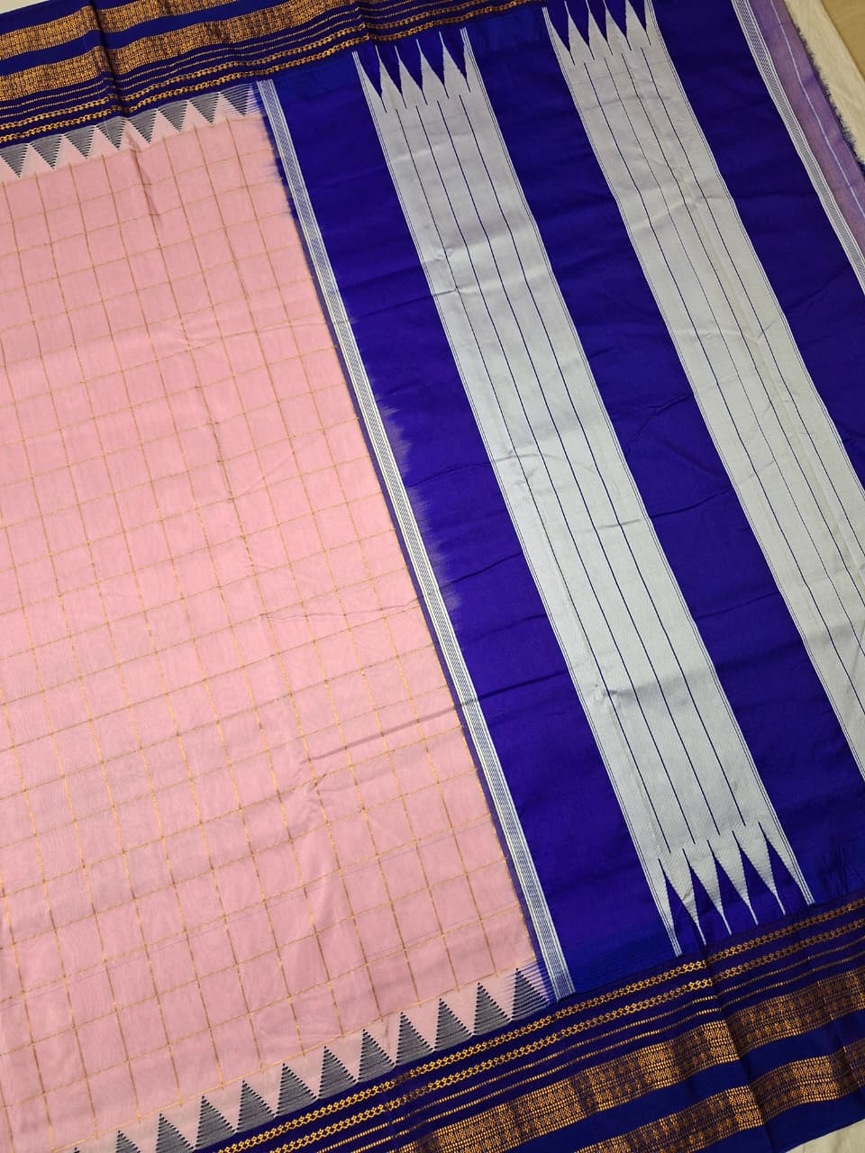 Blush Pink Big Checks Ilkal Saree with Royal Blue Big Border