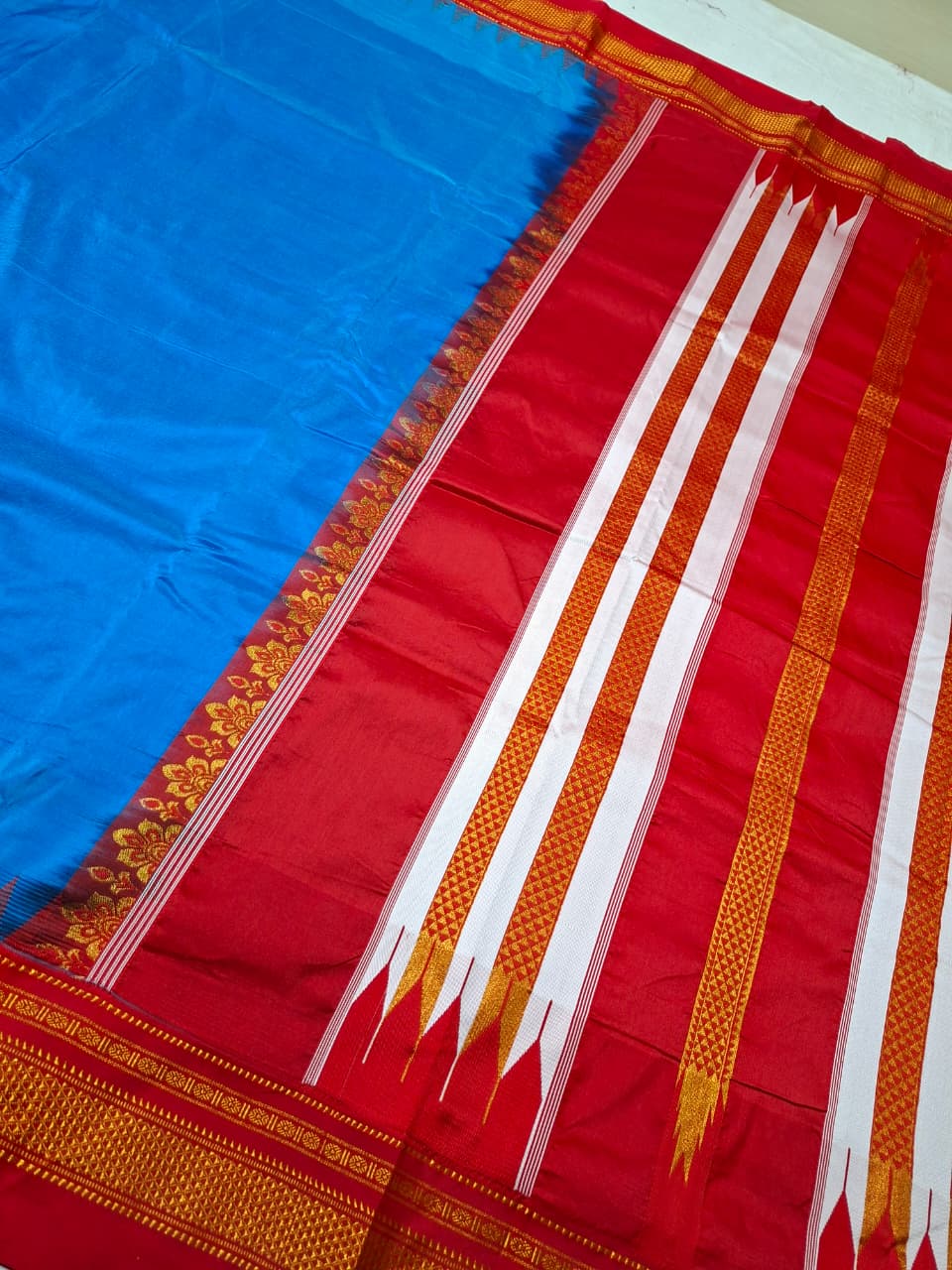Turquoise Blue Ilkal Viscose Silk Saree with Vermilion Red Chikki Paras Border