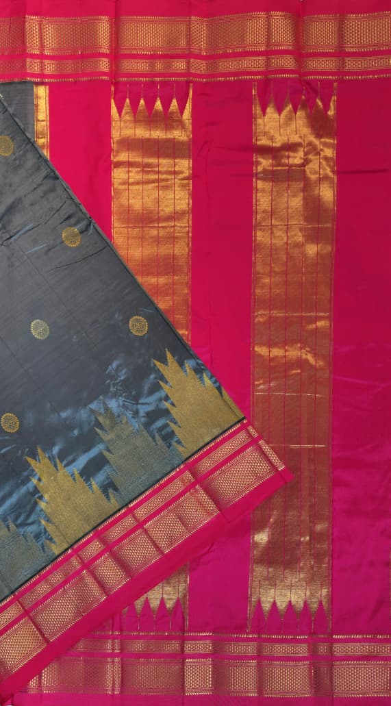 Steel Grey Gadwal Ilkal silk with Two-Colour Zari Temple Tower Border
