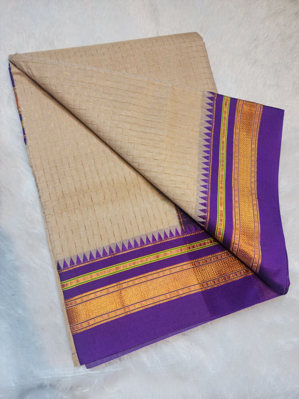 Beige Ilkal Zig-Zag Cotton Saree with Contrast Zari Border & Pallu