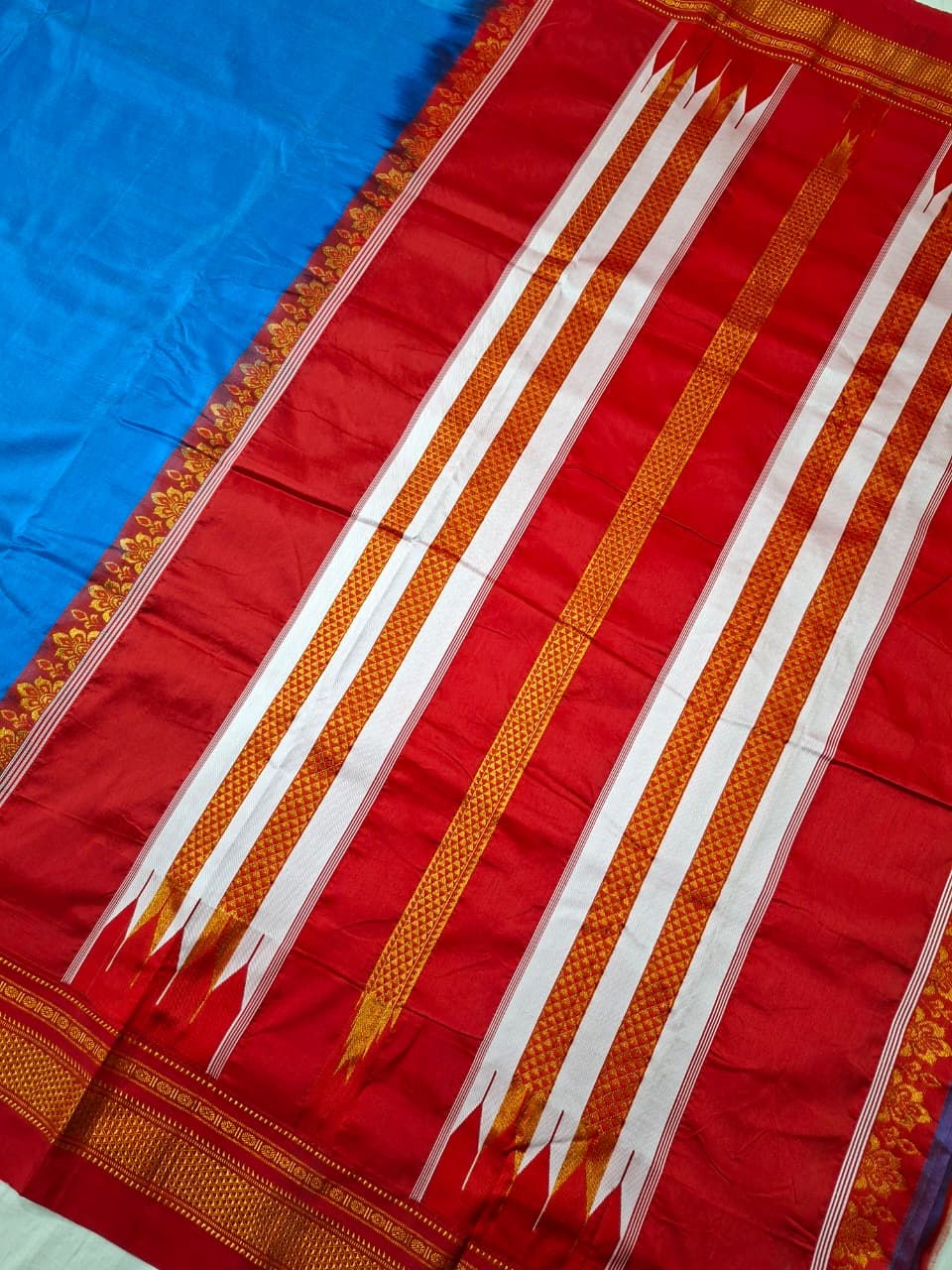 Turquoise Blue Ilkal Viscose Silk Saree with Vermilion Red Chikki Paras Border