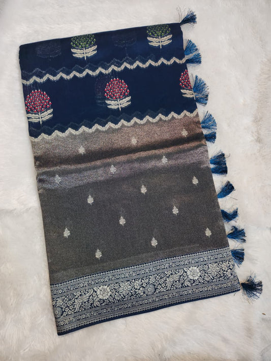 Deep Navy Blue Banarasi Silk Saree with Tree Motif & Floral Zari Border