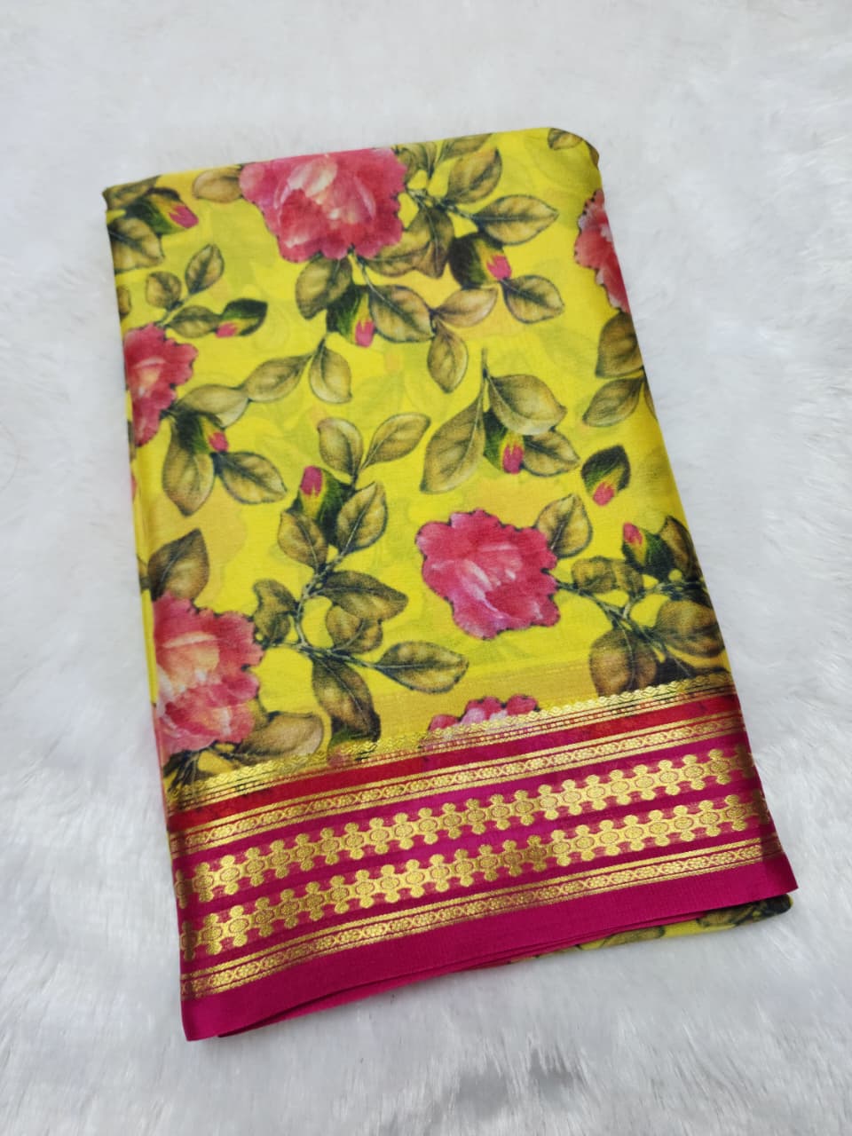 Lemon Yellow  Mysore Crepe Pure Silk Saree