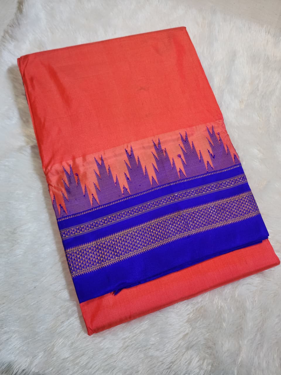 Coral Red Plain Ilkal Silk with Big Temple Border