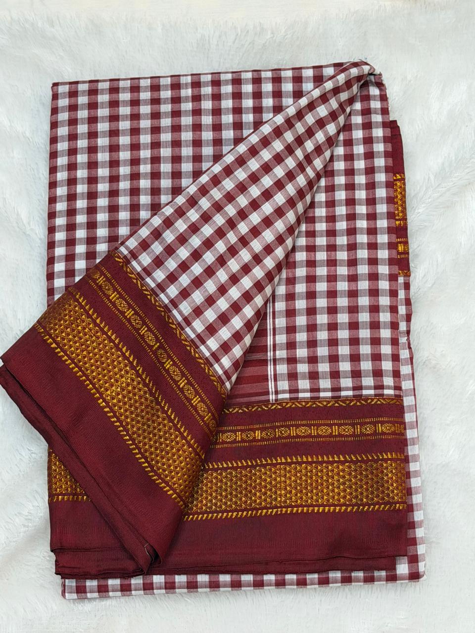 Premium Maroon & White Ilkal Mini Checks Saree with Gadwal border