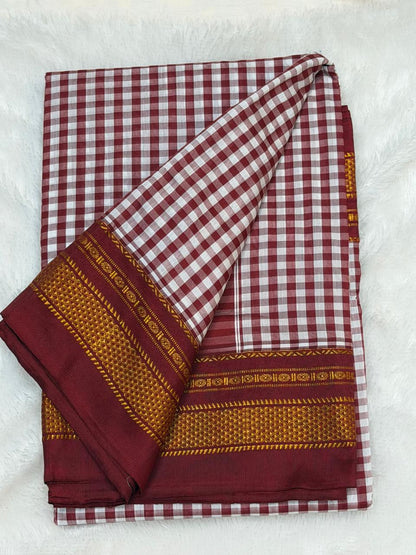 Premium Maroon & White Ilkal Mini Checks Saree with Gadwal border