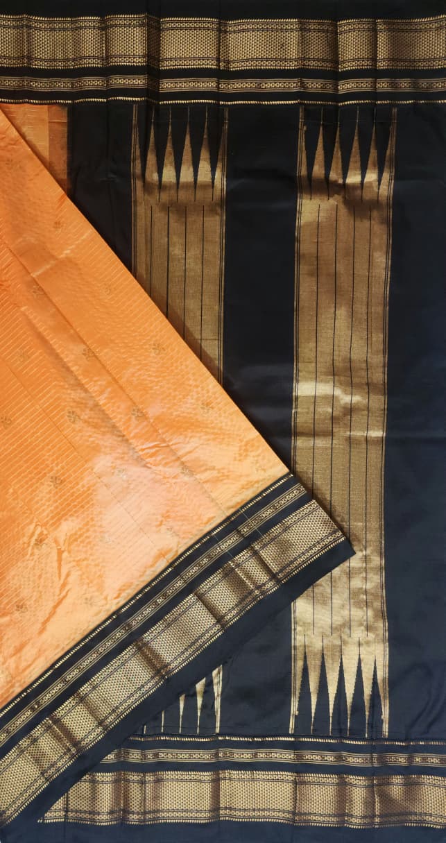 Paster Peach Black Ilkal Silk Saree – small necklace lines butta