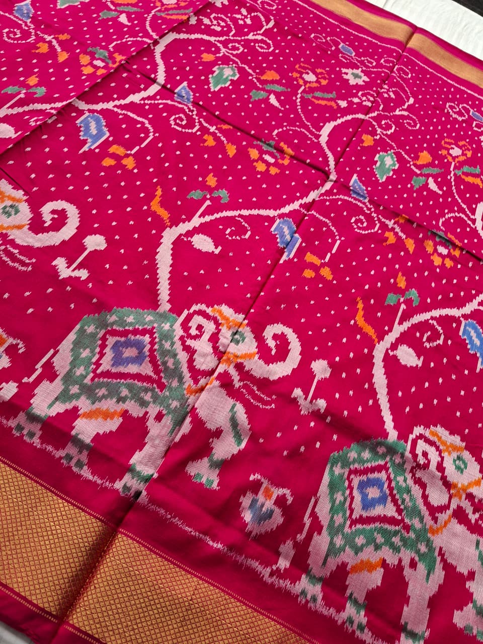 Pink Handloom Pochampally pure silk -Elephant design