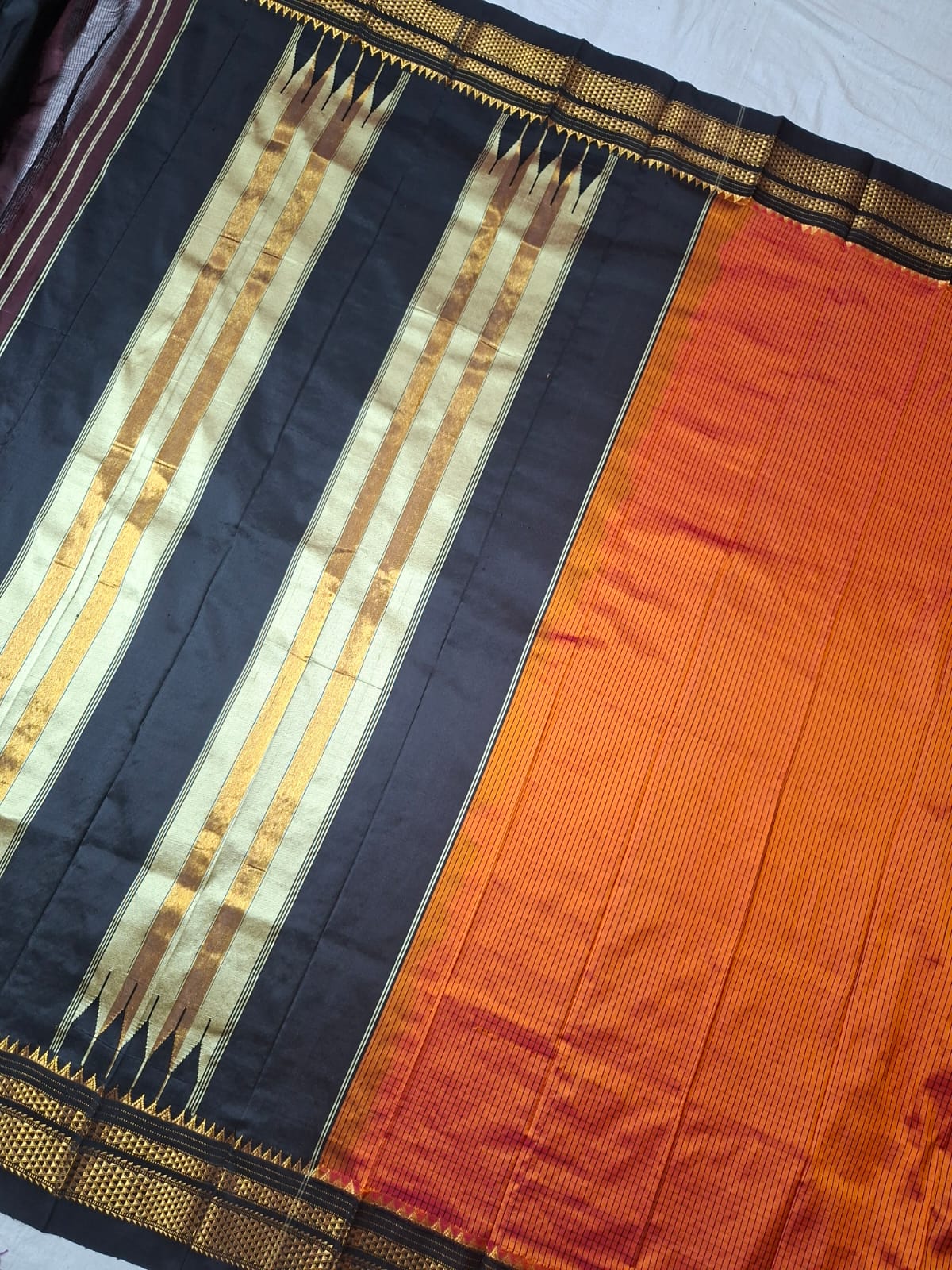 Orange -Black Ragavalli Checks- Ilkal Silk