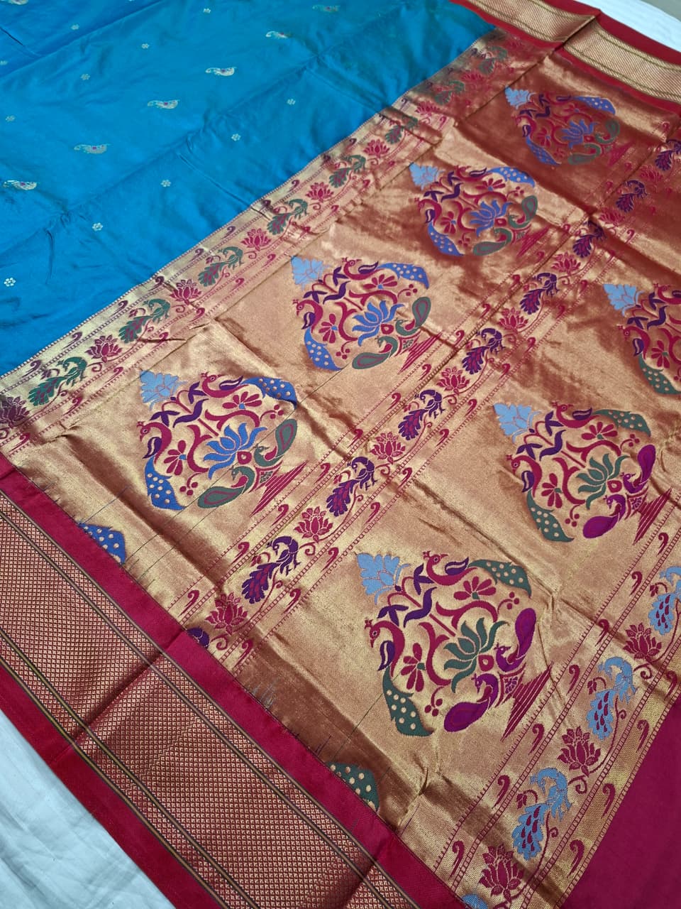 Teal Blue Paithani Silk with Peacock Motifs